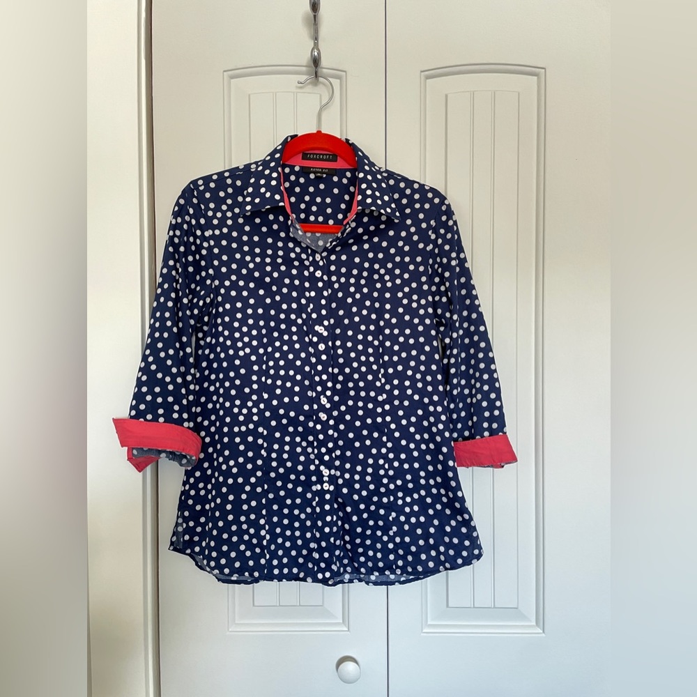 Foxcroft Fitted Fit Shirt Blue with white polka dots and salmon pink acccents